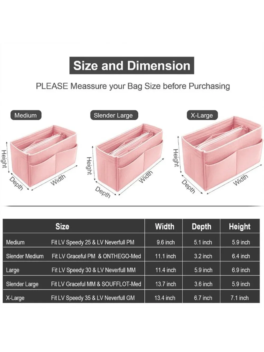 Purse Organizer Insert - Felt Tote Bag Divider with 5 Sizes for Handbag